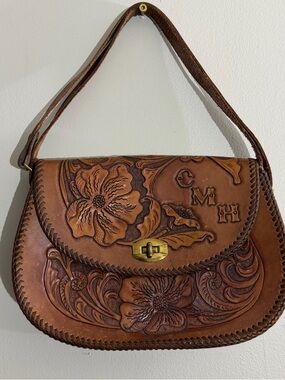 Vintage Hand-Tooled Brown Leather Floral Shoulder Bag